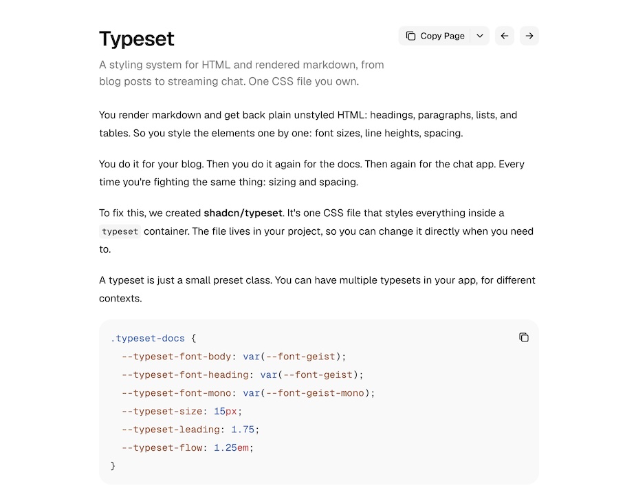 A screenshot of the shadcn typeset documentation showing what is described in the following paragraph